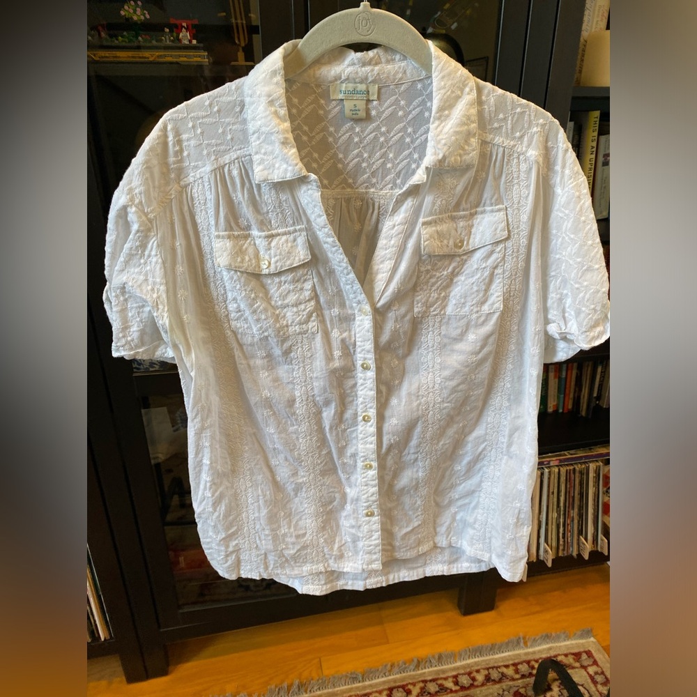 Sundance Button Front Top. Ivory with subtle embroidered detailing. Size Small